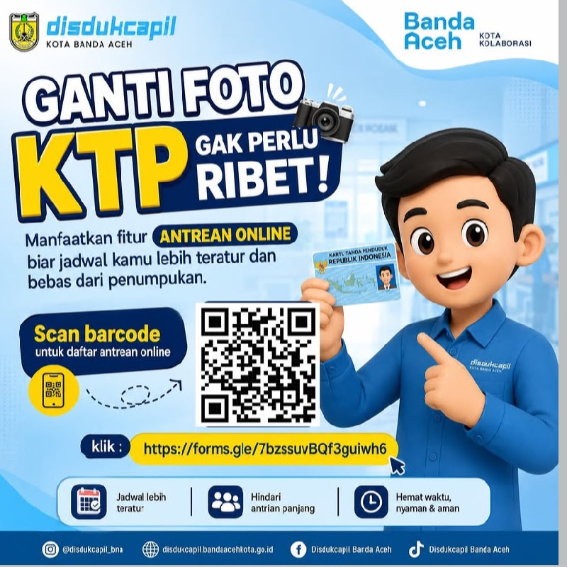Warga Banda Aceh Bisa Ganti Foto KTP-el 11-14 Agustus 2026, Pendaftaran Kini Online