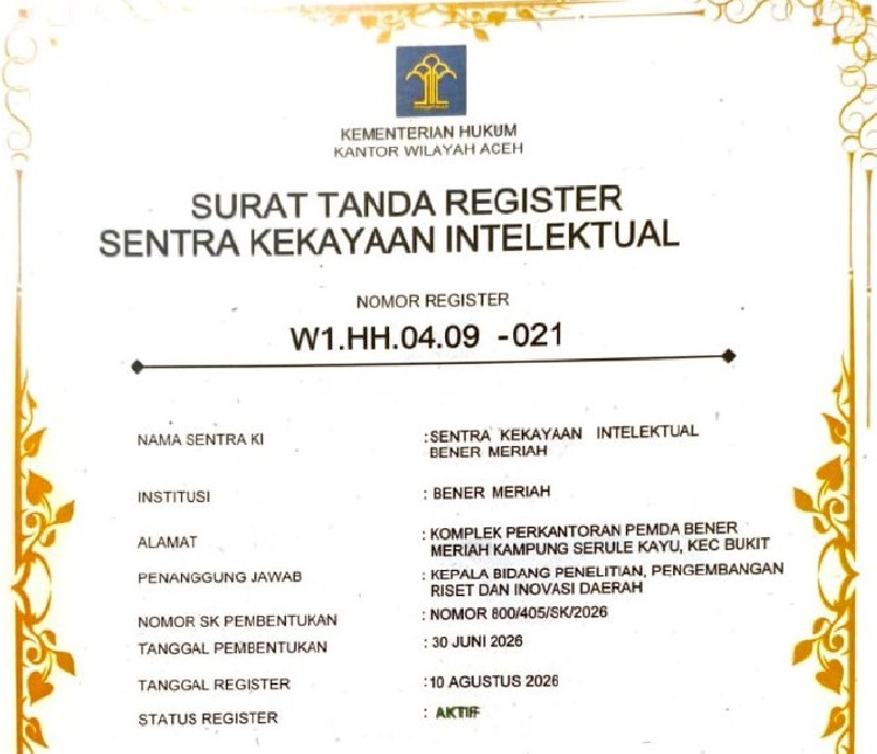 Bener Meriah Jadi Daerah Pertama di Aceh Miliki Sentra Kekayaan Intelektual Terdaftar 2026