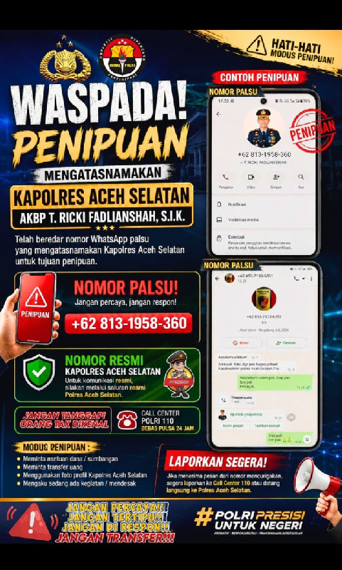 Waspada! Nomor WhatsApp Palsu Catut Nama Kapolres Aceh Selatan Beredar